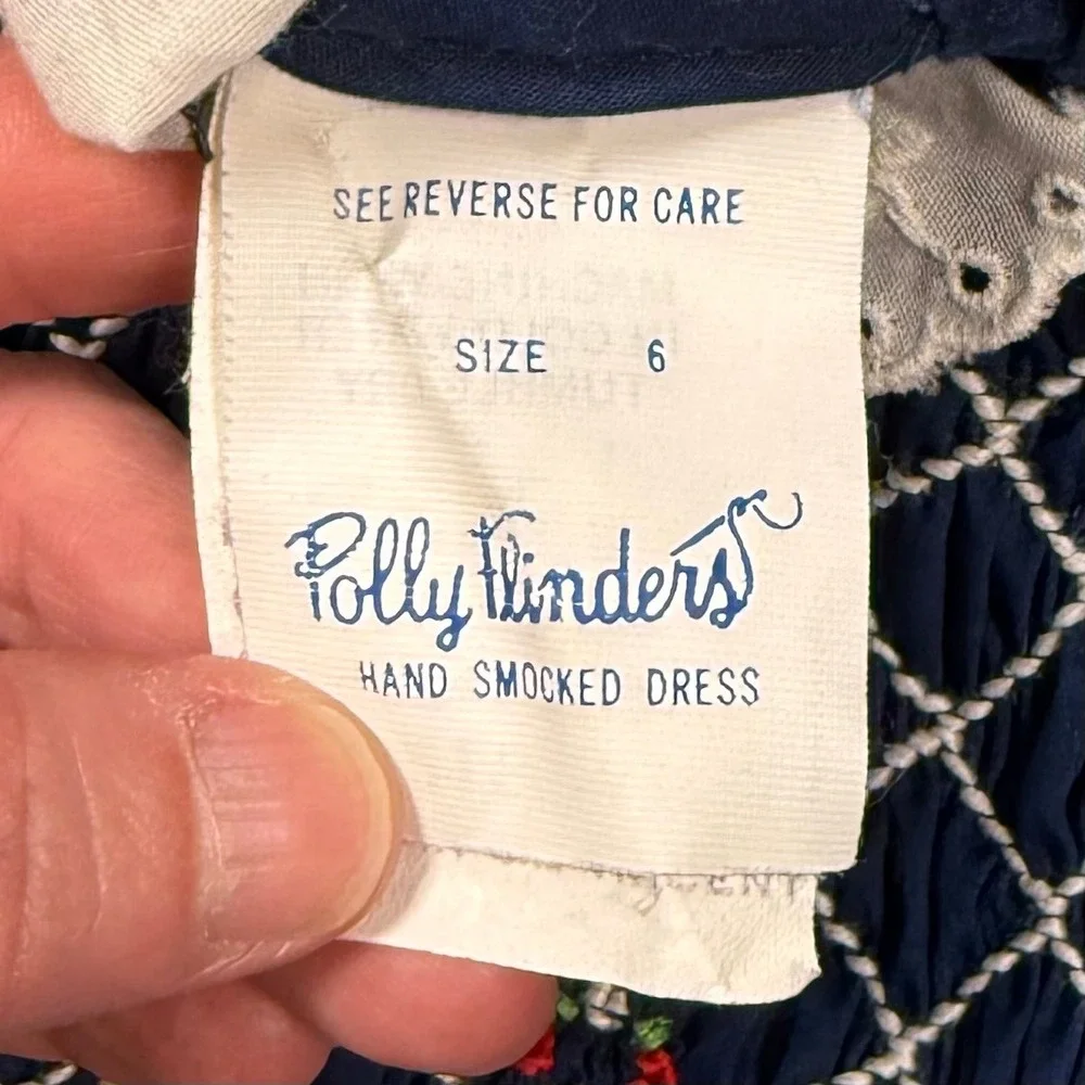 Vintage Polly Flinders Girls Navy Blue Hand Smocked Christmas Dress Size 6